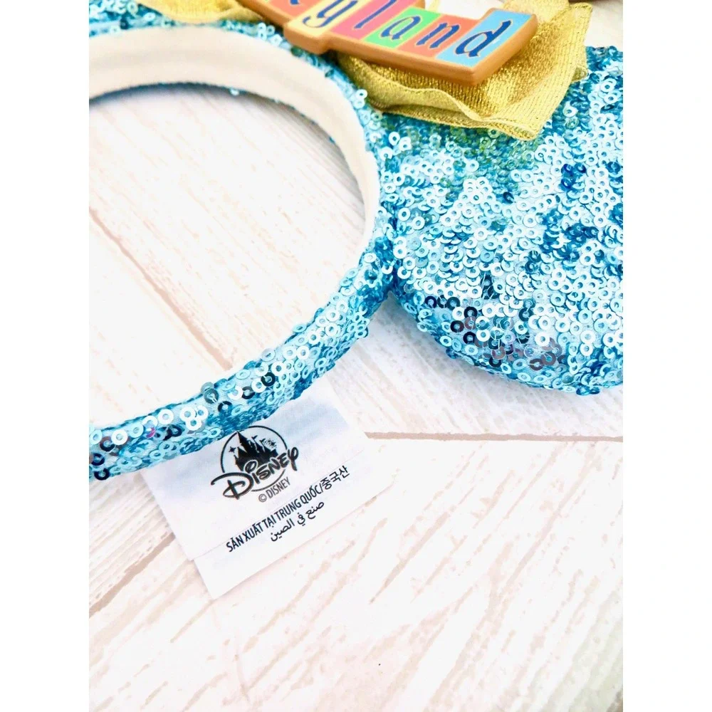 NEW! Disney Parks Sequin Disneyland Marquee Sign Minnie Ears Bow Headband Blue